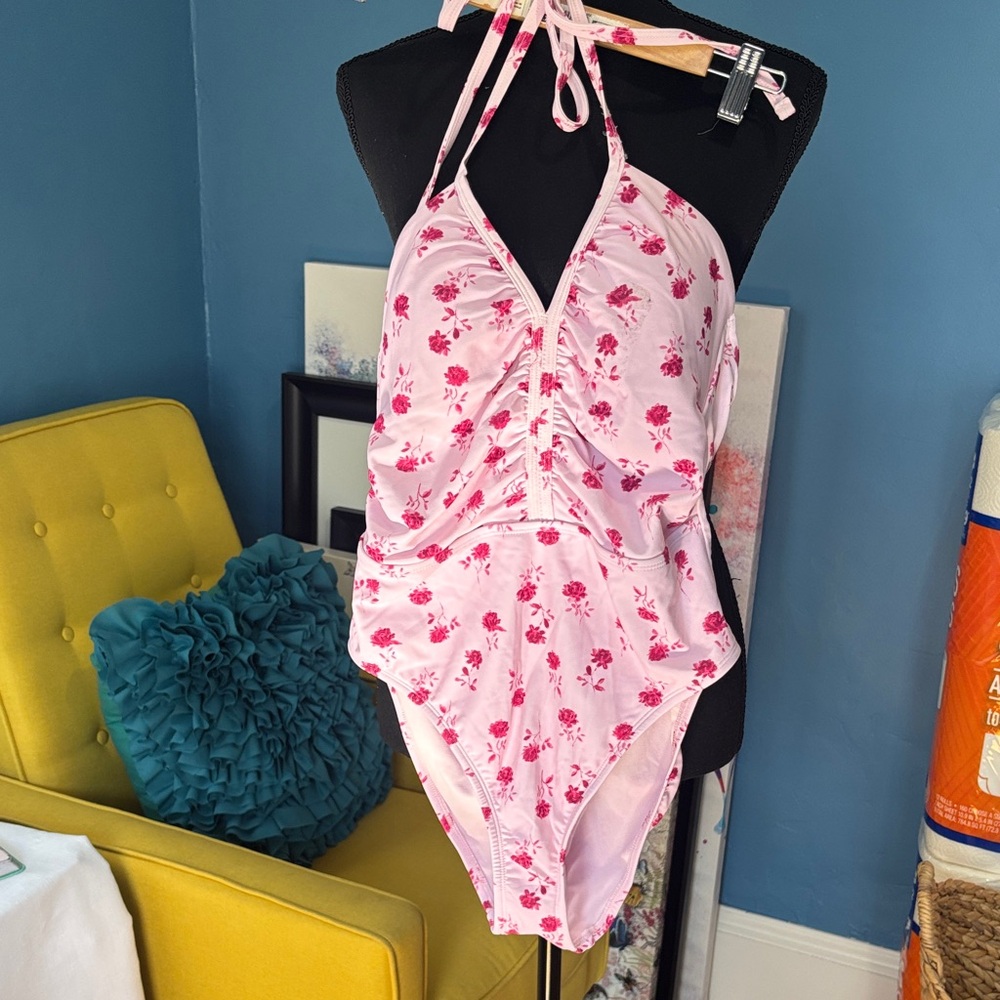 Pink Floral Halter One-Piece Swimsuit size medium brand new